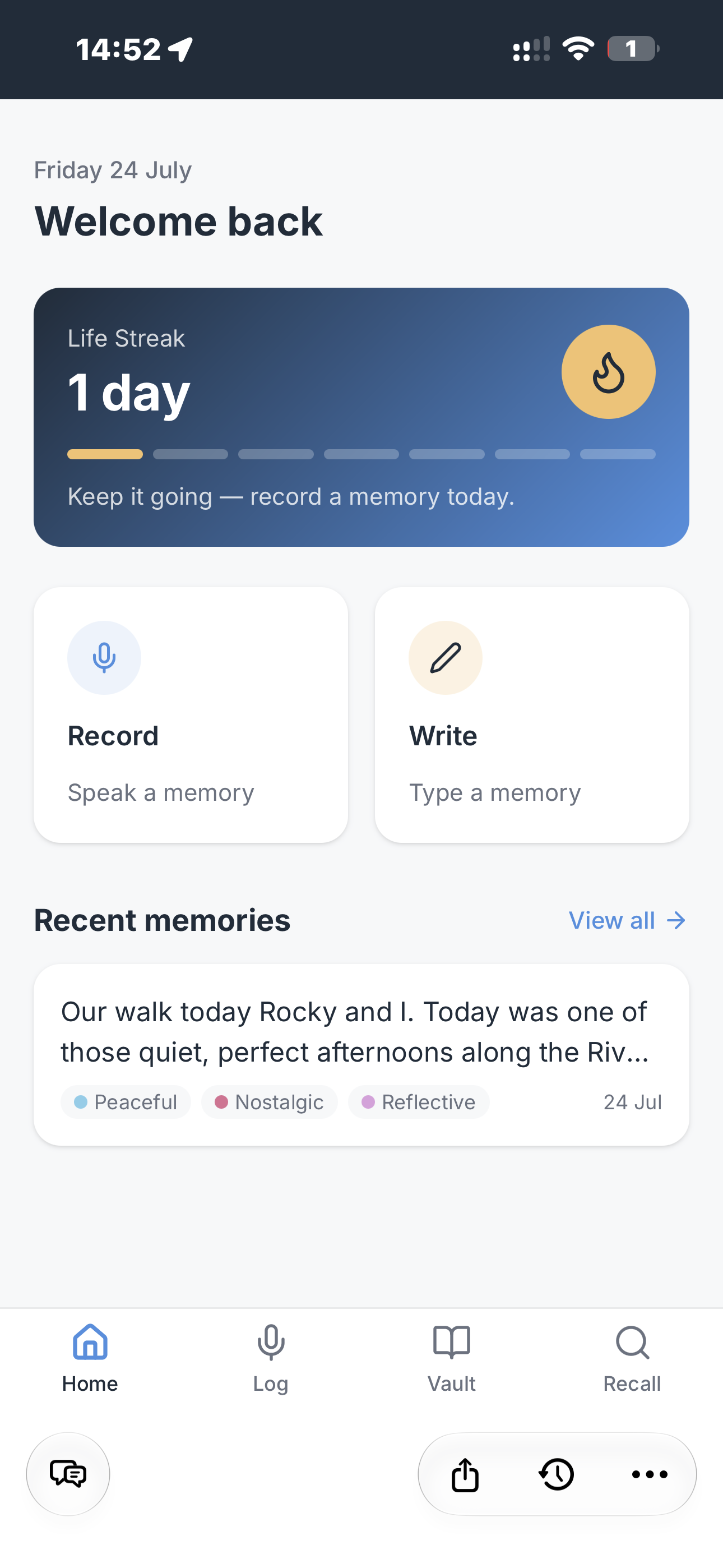 Keepr home screen showing the Life Streak card and quick actions to record or write a memory